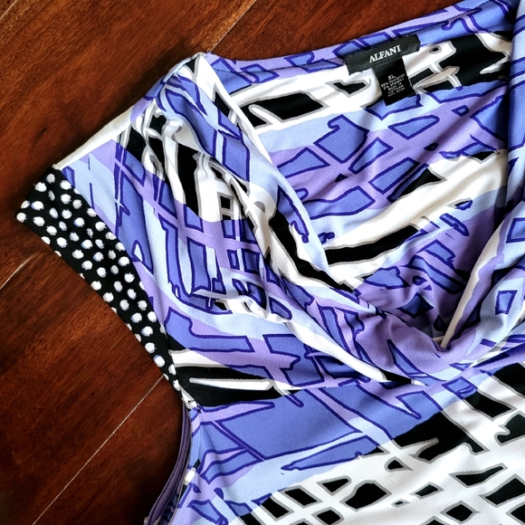 Scoop Drape Neck ALFANI Dress Womens XL Cap Sleeves Stretch Blue Black Purple - Picture 8 of 13